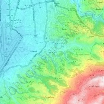 Kfarshimaの地形図、標高、地勢