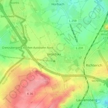 Vetschauの地形図、標高、地勢