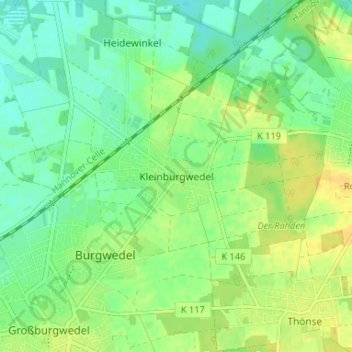 Kleinburgwedelの地形図、標高、地勢