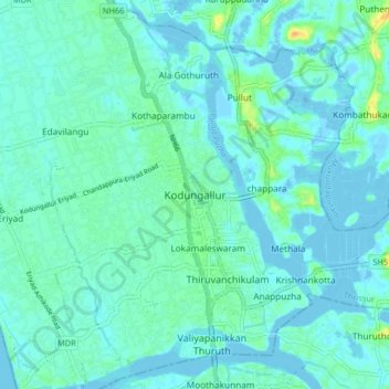 Kodungallurの地形図、標高、地勢