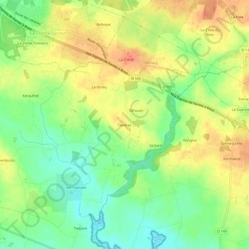 Caudrecの地形図、標高、地勢