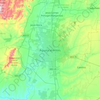 Aguascalientes Cityの地形図、標高、地勢