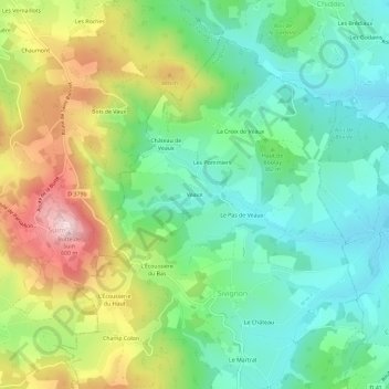 Veauxの地形図、標高、地勢