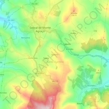 Outeiroの地形図、標高、地勢