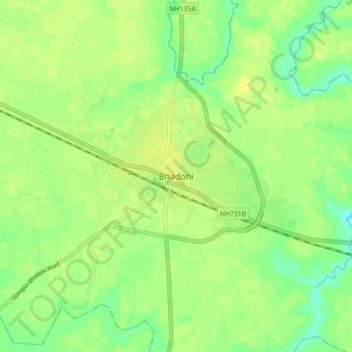 Bhadohiの地形図、標高、地勢