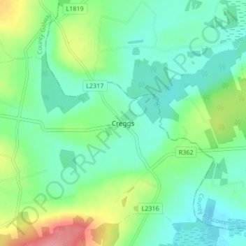 Creggsの地形図、標高、地勢