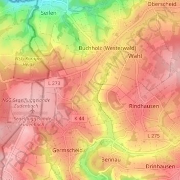 Oberellesの地形図、標高、地勢