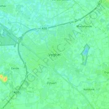 Veghelの地形図、標高、地勢