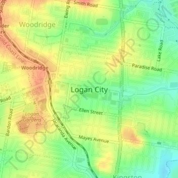 Logan Cityの地形図、標高、地勢