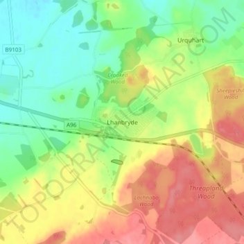 Lhanbrydeの地形図、標高、地勢