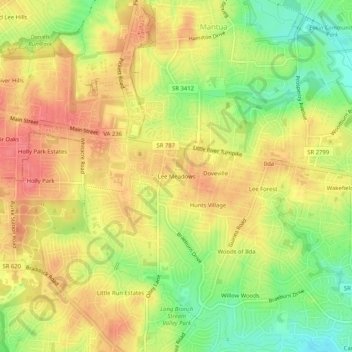 Lee Meadowsの地形図、標高、地勢