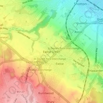 Ewloe Greenの地形図、標高、地勢