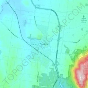 Woodendの地形図、標高、地勢