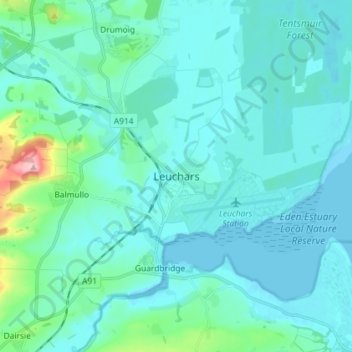 Leucharsの地形図、標高、地勢