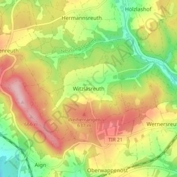 Witzlasreuthの地形図、標高、地勢