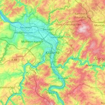 Koblenzの地形図、標高、地勢