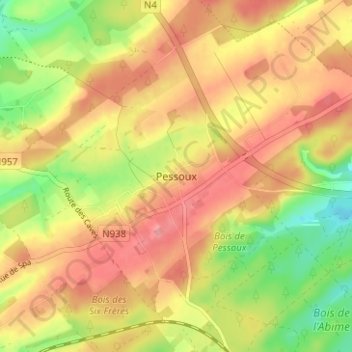 Pessouxの地形図、標高、地勢