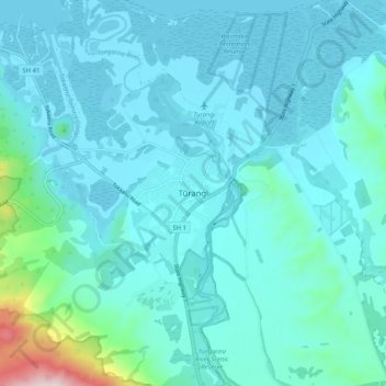 Tūrangiの地形図、標高、地勢