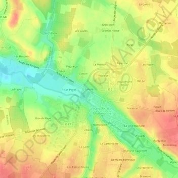 Caluireの地形図、標高、地勢