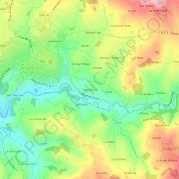 Vieux Coiseの地形図、標高、地勢