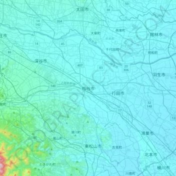 熊谷市の地形図、標高、地勢
