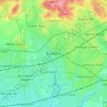 Romfordの地形図、標高、地勢