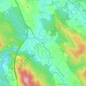 Alvreの地形図、標高、地勢