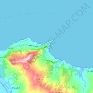 Dellysの地形図、標高、地勢