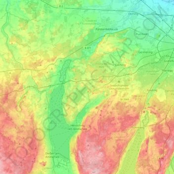 Wörthseeの地形図、標高、地勢