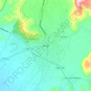Izúcarの地形図、標高、地勢