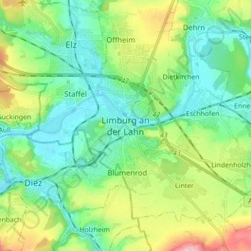 Limburg an der Lahnの地形図、標高、地勢