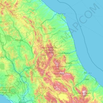 Monti Sibilliniの地形図、標高、地勢