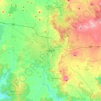 Ballaratの地形図、標高、地勢