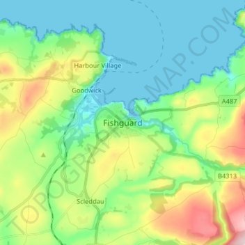 Fishguardの地形図、標高、地勢