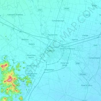 Padoueの地形図、標高、地勢