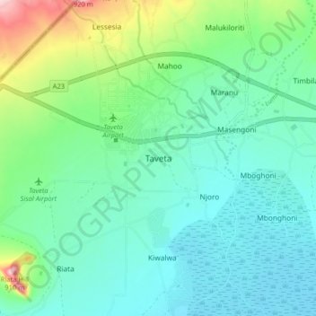 Tavetaの地形図、標高、地勢