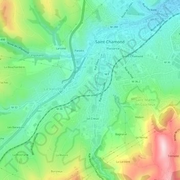 Izieuxの地形図、標高、地勢