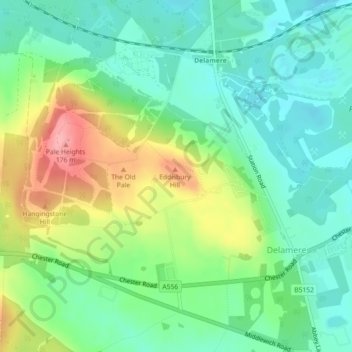Eddisbury Hill Fortの地形図、標高、地勢
