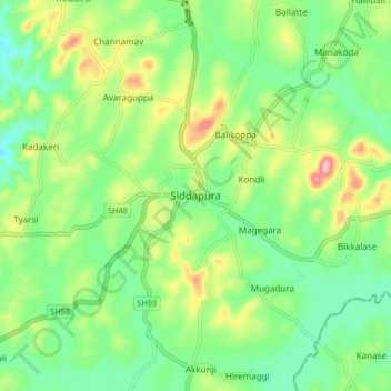 Siddapuraの地形図、標高、地勢