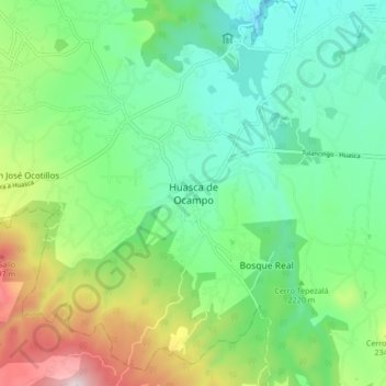 Huasca de Ocampoの地形図、標高、地勢