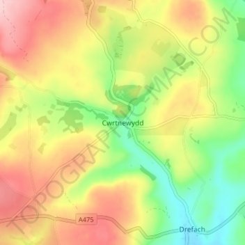 Cwrtnewyddの地形図、標高、地勢