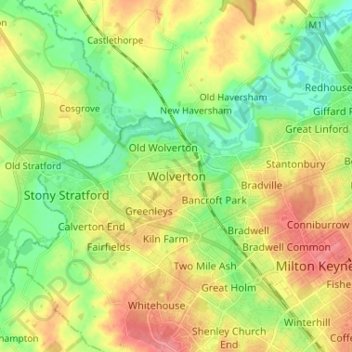 Wolvertonの地形図、標高、地勢