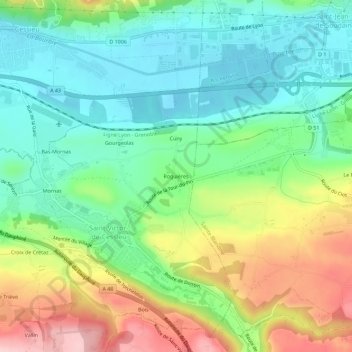 Roguièresの地形図、標高、地勢