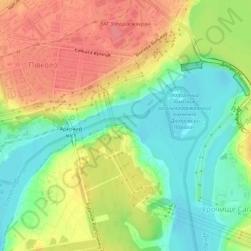 View on Dnipro Hydroelectric Power Plantの地形図、標高、地勢