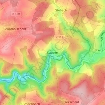 Kausenの地形図、標高、地勢