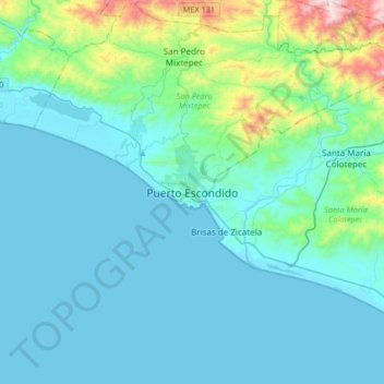 Puerto Escondidoの地形図、標高、地勢