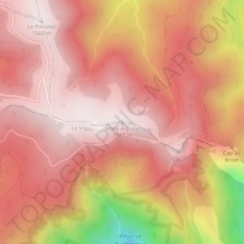 Mont Aigoualの地形図、標高、地勢