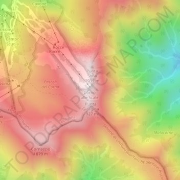 Corno alle Scaleの地形図、標高、地勢