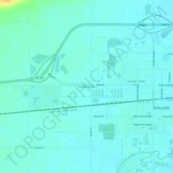 Sunset Acresの地形図、標高、地勢
