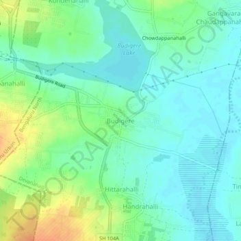 Budigereの地形図、標高、地勢